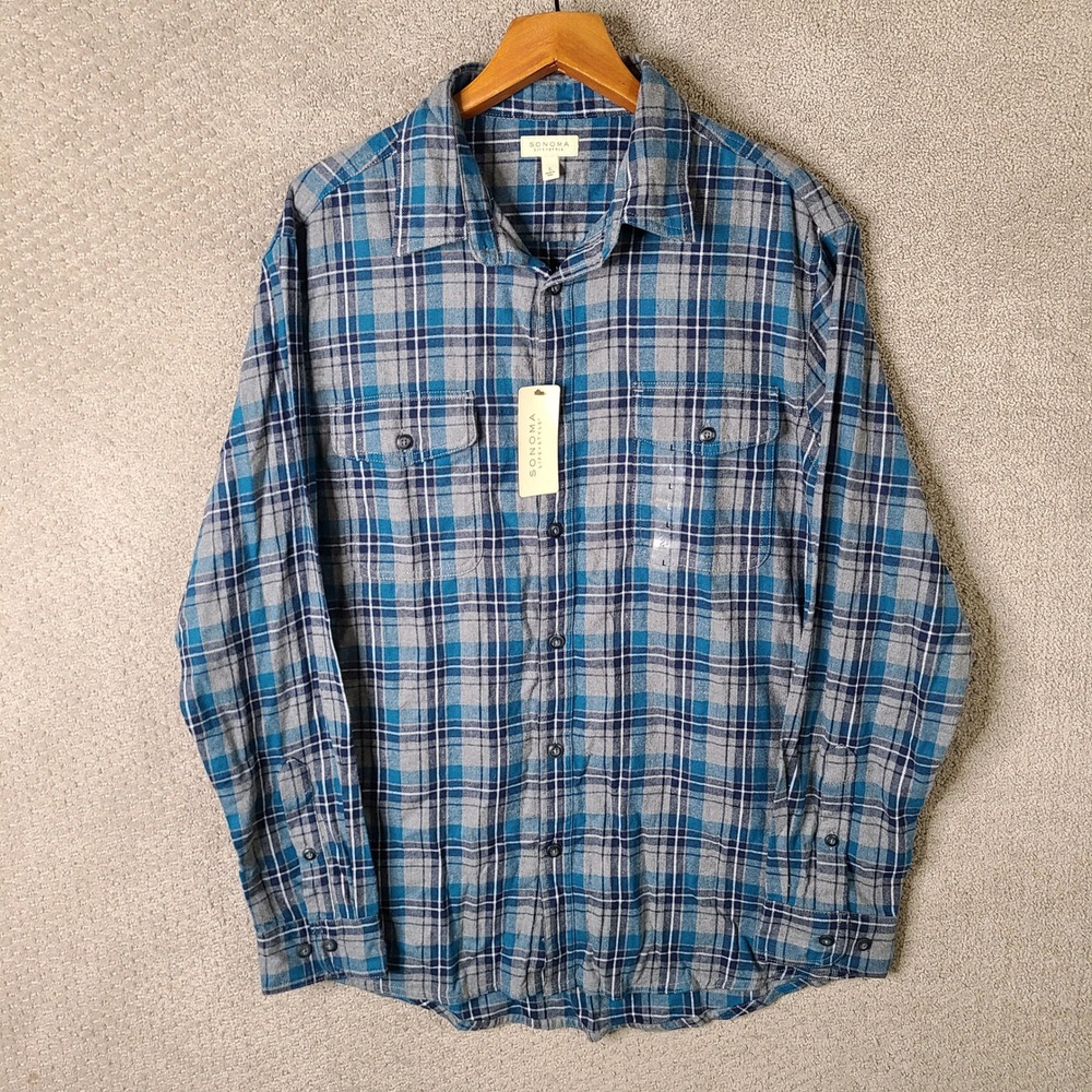 Sonoma Shirt Mens Large Blue Plaid Button Down Flannel Cotton Long Sleeve NEW